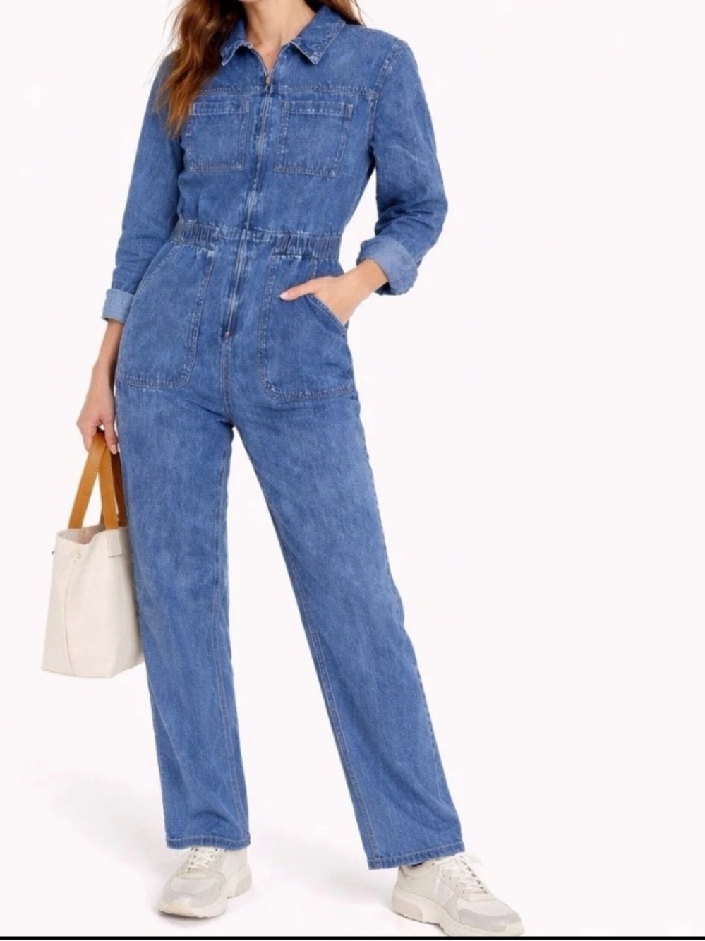 H&M Womens Denim Boiler Jumpsuit Size 10 Blue Utility Zip Front One Piece